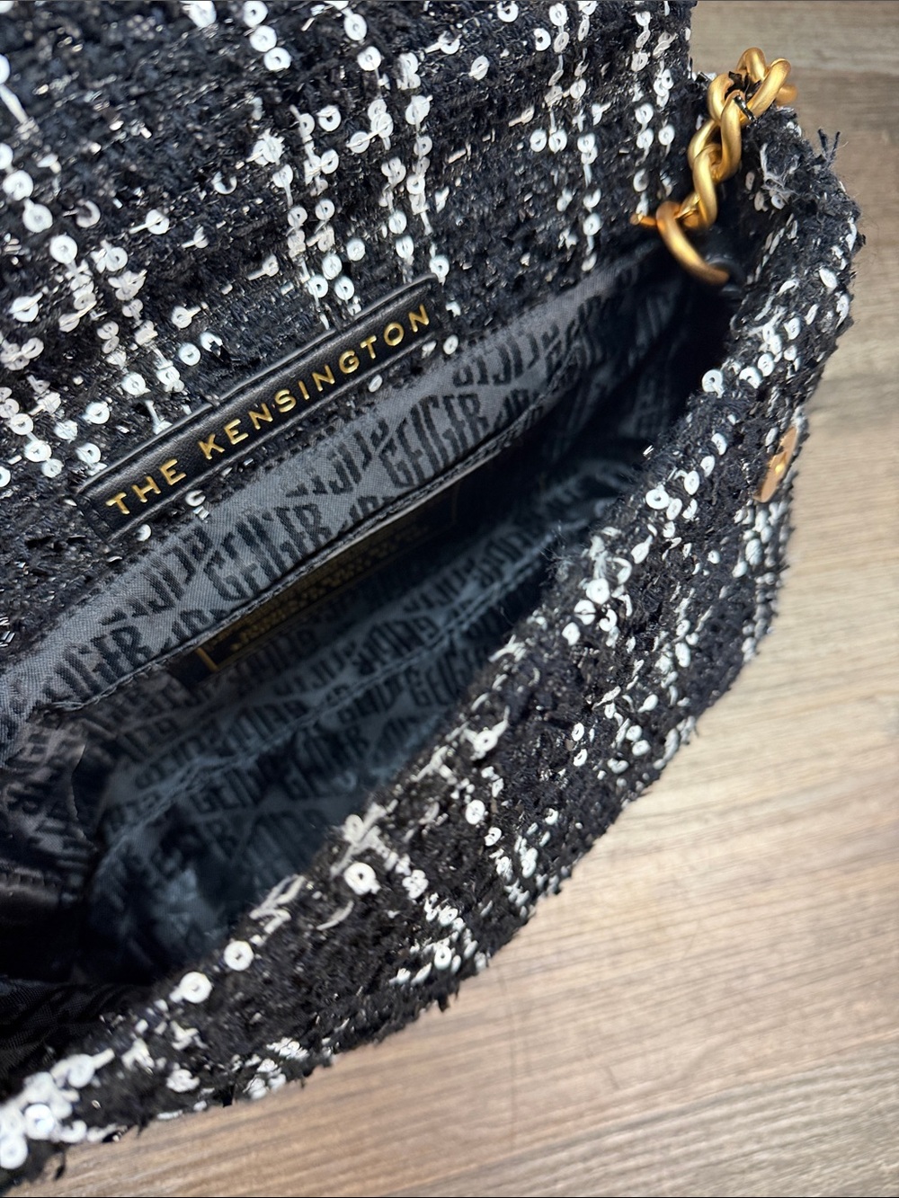 Kurt Geiger Tweed Black White Kensington Sequin Pearl Trim Handbag Purse - Picture 10 of 11